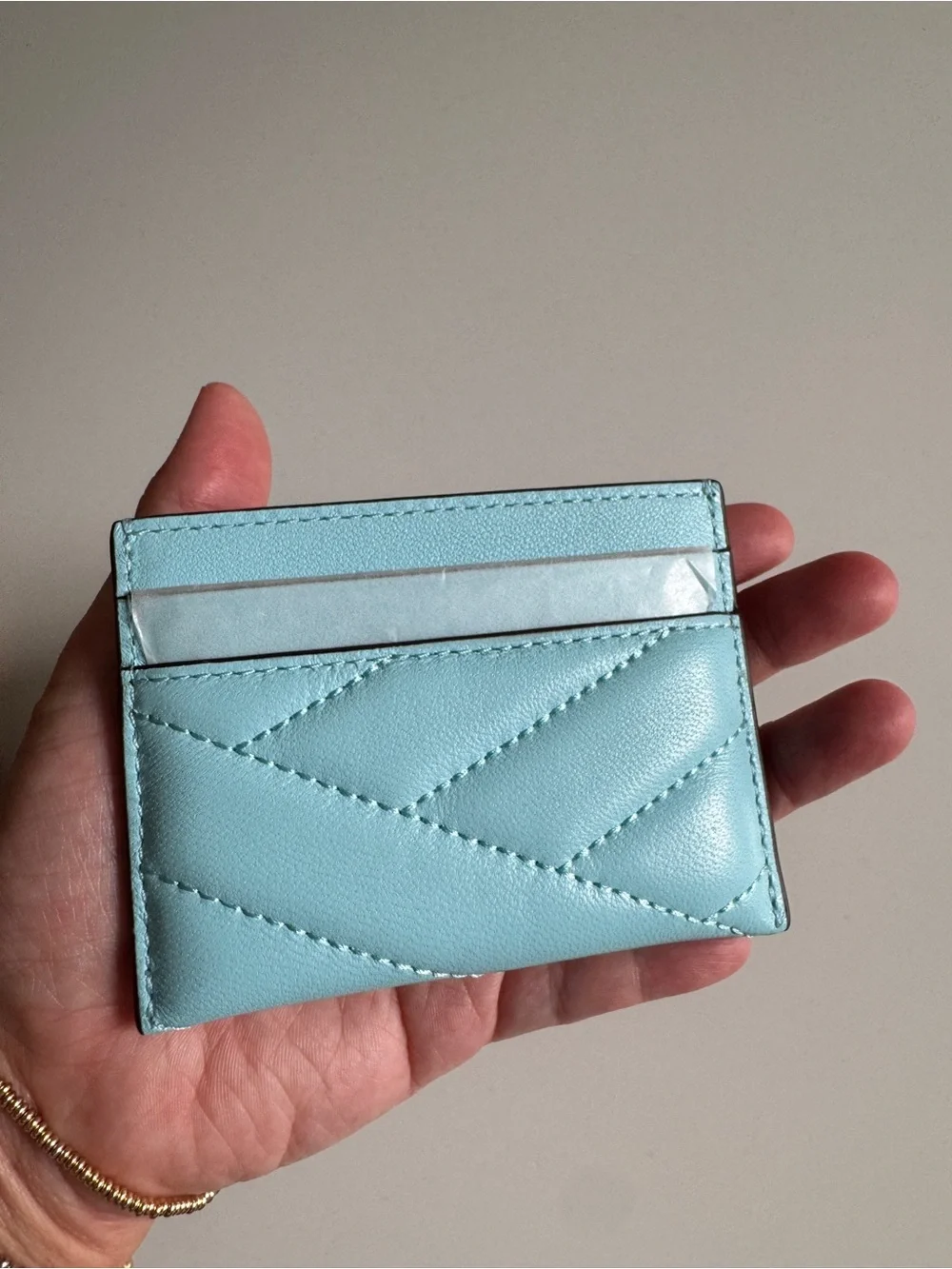Tory Burch Kira Quilted Leather Card Holder in  light Celeste with Silver Logo,